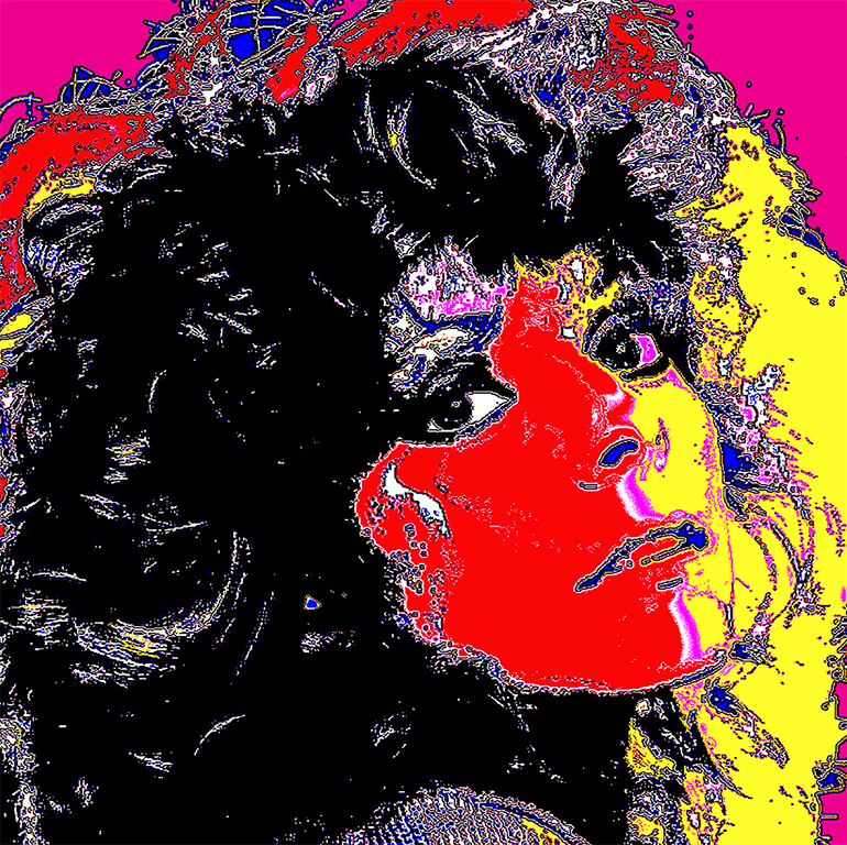 Young woman head and shoulder half of face bold bright red and other half bright yellow retro 80’s style pop star head and shoulder