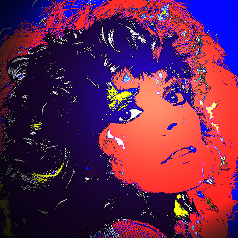 Young woman head and shoulder bold oranges blue and bright yellow retro 80’s style pop star