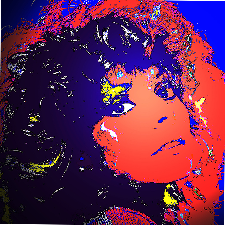 Young woman head and shoulder bold oranges blue and bright yellow retro 80’s style pop star