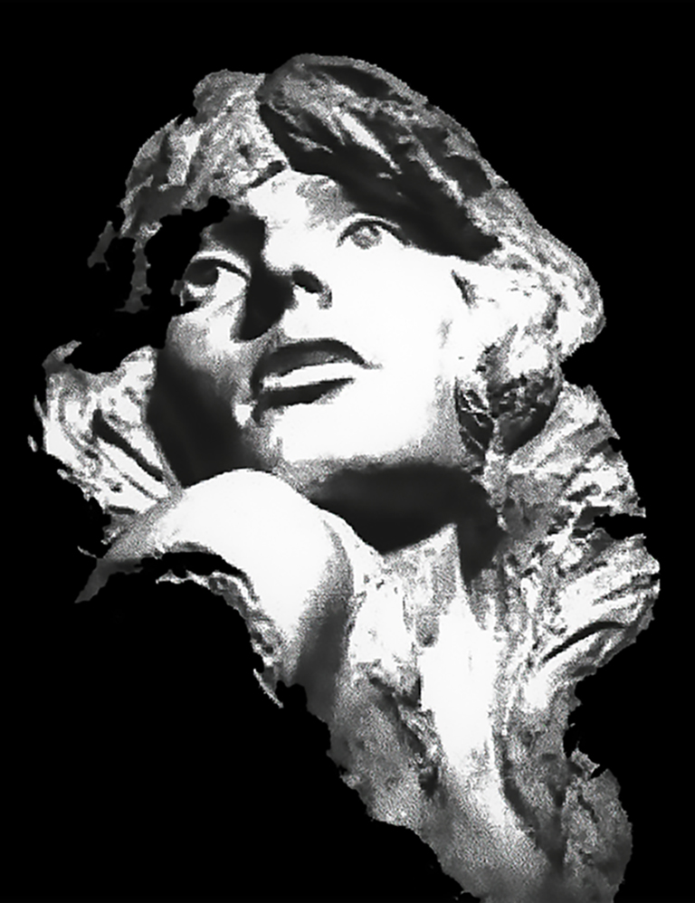 Larger than life self-portrait of artist white plaster cast sculpture 1979 young woman long hair looking over shoulder