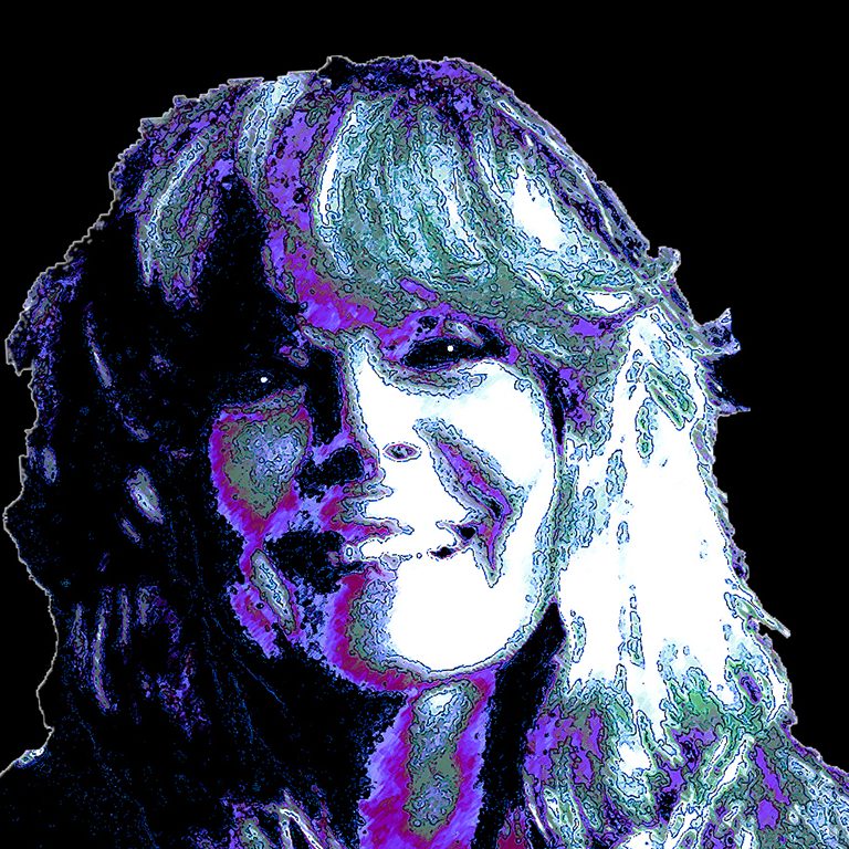 Woman with bangs and long hair purple white on black background